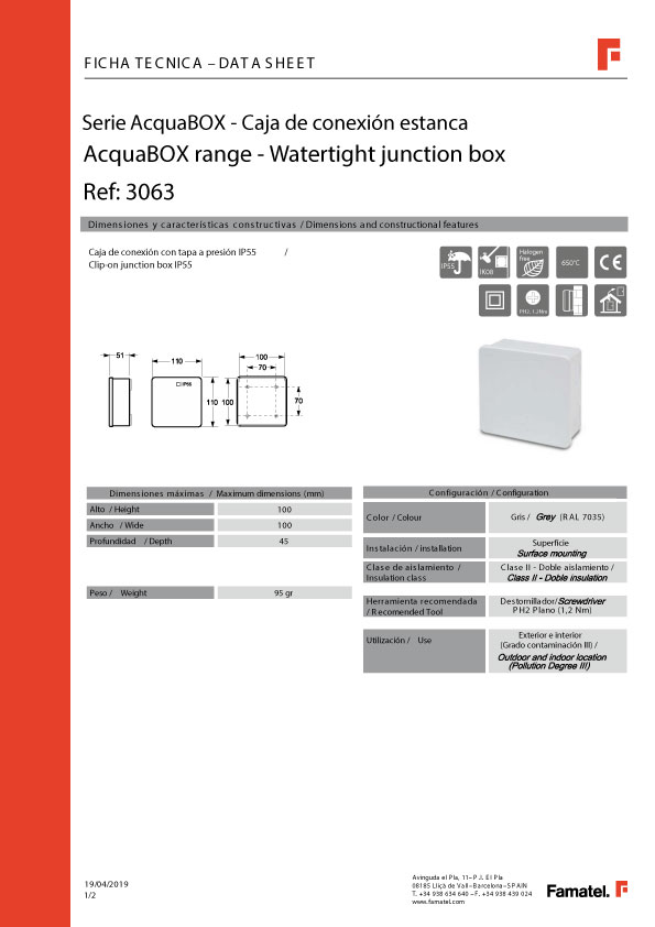 FICHA CAJA ESTANCA CIEGA 100X100 famatel (3063)